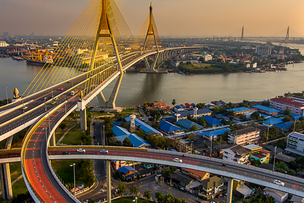 beautiful Bridge and River bird eye view landscape during sunset in Bangkok